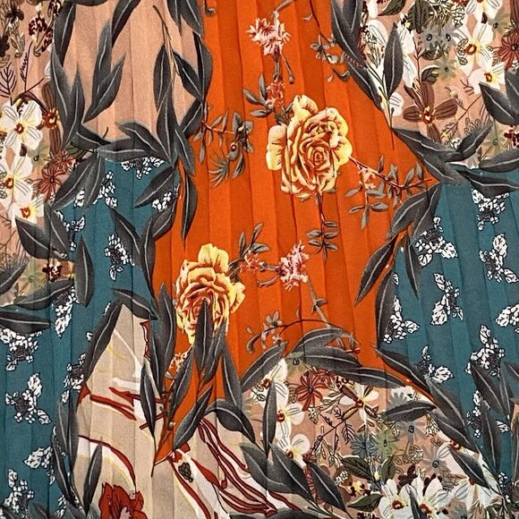 Floral Pleated Swing Dress Womens L Retro Boho‎ Chic Casual Office Siren Summer - Picture 4 of 10